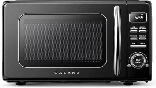 Galanz GLCMKZ07BKR07 Retro Countertop Microwave Oven with Auto Cook & Reheat, Defrost, Quick Start Functions, Easy Clean with Glass Turntable, Pull Handle.7 cu ft, Black