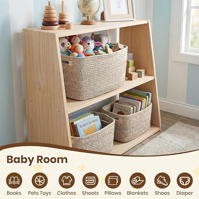 Storage Baskets for Organizing, 14 x 10 x 9” Closet Shelf Woven Baskets, Square Bins with Handles, Cotton Rope Basket for Toys, Clothes, Office, Room, Brown 1 Pack