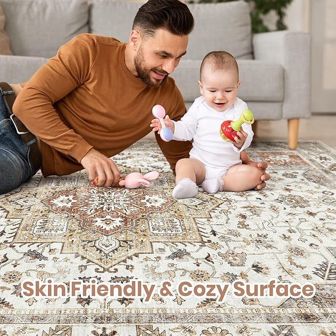 Vintage Living Room Area Rug 6x8 - Large Soft Washable Oriental Traditional Distressed Farmhouse Rugs for Bedroom - Indoor Floor Accent Carpet for Home Office House Decor - Orange