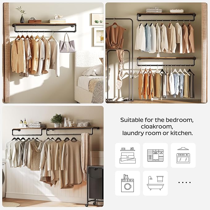 Pipe Clothes Rack, 43.3 in Wall Mounted Garment Rack with Top Shelf, Industrial Clothing Rack with Hanging Rod, Heavy Duty Detachable, Space Saver Hanging Clothes Rack, Rustic Brown FS11BRY1