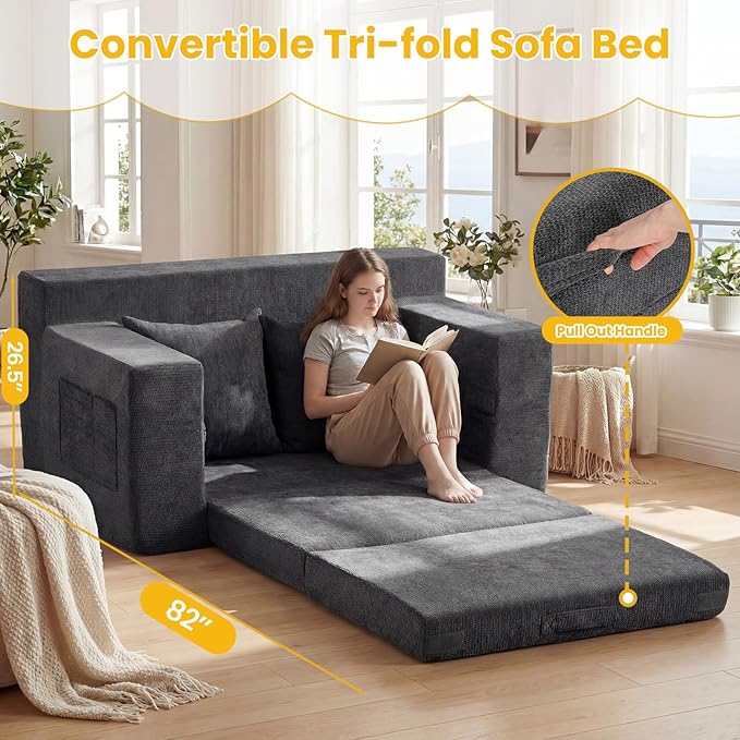 Boneless Loveseat Sleeper Sofa Bed: 3-in-1 Convertible Sofa Bed with Side Pockets & Handle,Pull Out Couch with 2 Pillows,Folding Futon for Small Space,Living Room & Bedroom,Chenille Fabric,No Assembly