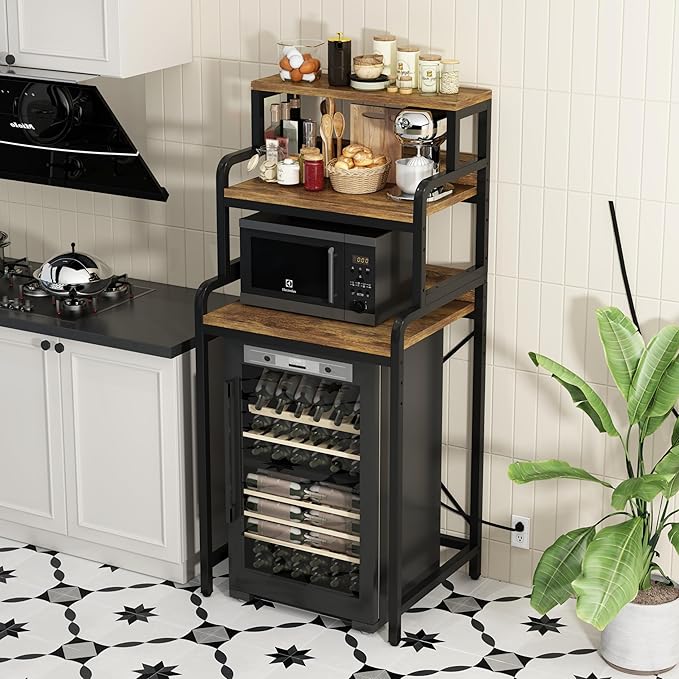 4- Tier Mini Fridge Stand Shelf with Power Outlet, Double-Purpose Rack, Mini Fridge & Microwave Oven Stand Table, Bar Cabinet, Free Standing Shelf for Office, Kitchen, Home.