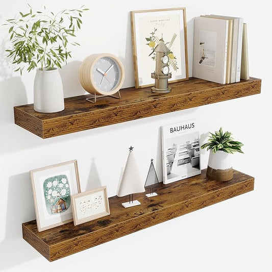 Fun Memories Bathroom Shelves 32 Inch Long Set of 2, Floating Shelves for Wall with Invisible Brackets, for Bedroom, Living Room, Kitchen, Rustic Brown