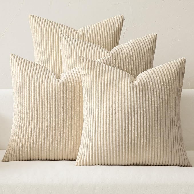 Boho Throw Pillow Covers 18x18 Set of 4 - Beige Corduroy Cushion Covers