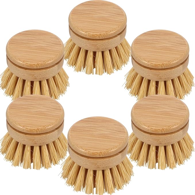 6pcs Bamboo Dish Brush Replacement Heads, Wooden Dish Brushes for Cleaning – Kitchen Wood Dish Scrubbers Washing Up Brush Heads – Natural Bristle Brush Refills for Dishes, Pots – Eco Friendly