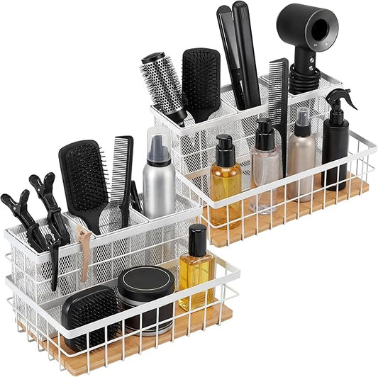 2 Pcs Hair Tool Organizer Countertop Breathable Metal & Bamboo Hot Tools Organizer Under Sink Bathroom Hair Dryer Holder Countertop Brush Comb Holder,Makeup Tray (Natural Bamboo,White)