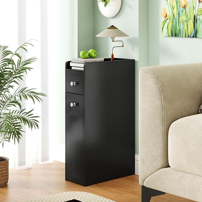 Giantex Slim Bathroom Storage Cabinet, Space-saving Toilet Side Cabinet with Slide-out Drawers on 3 Wheels, Freestanding Narrow Toilet Paper Holder for Living Room, Laundry Room, Compact Space (Black)