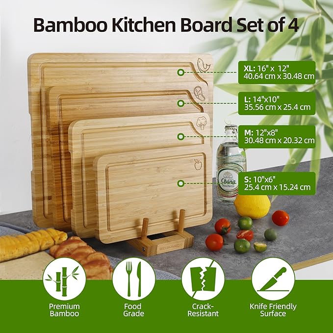 WILLKOMMEN 4-Piece Bamboo Cutting Boards for Kitchen, Chopping Board Set with Food Icon (Meat, Fish, Vegetables, Fruits) Butcher Block with Stands, Handles & Juice Grooves (Small, Medium, Large, XL)