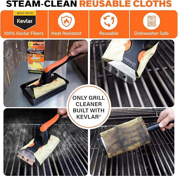 Q-Swiper XL Steam-Clean Grill Cleaning Value Set — Bristle-Free Brush with Scraper — Dipping Tray, 4 Kevlar® Heat Resistant Cleaning Cloths — Safe Way to Steam Away BBQ Grill Grease & Grime