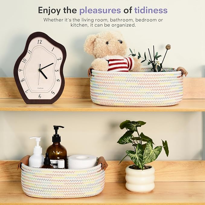 5 Piece Storage Baskets Small Woven Basket with Detachable Leather Handle, Cotton Rope Shelf Baskets for Closet Organizers, Different Sizes Basket Decor, Rainbow