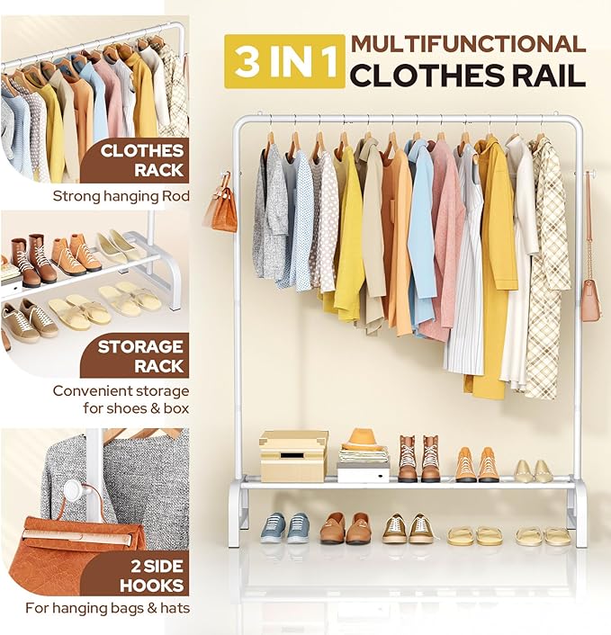 Clothes Rack With Storage Shelves and Coat/Hat Hook, Metal Clothing Rack for Hanging Clothes, Garment Rack for Bedroom, Laundry, Living Room, White