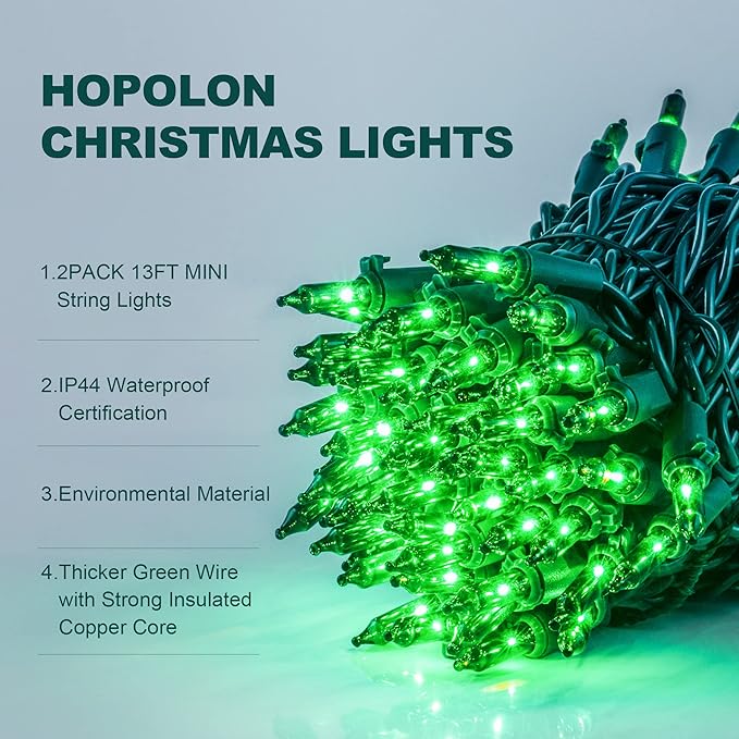 Hopolon Green St. Patrick's Day Mini Lights, 50 Count 2PACK Green Wire 13ft Incandescent Christmas String Lights Plug in for Outdoor Indoor Halloween Tree Holiday Lighting Decor (2pcs Green)