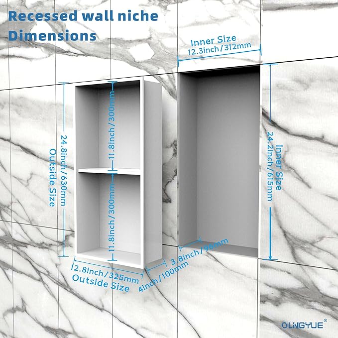 Bathroom Shower Niche Stainless Steel: No Tile Needed Double Layer - 12"x24" Recessed Wall Niches Shelves for House Decoration - Matte White
