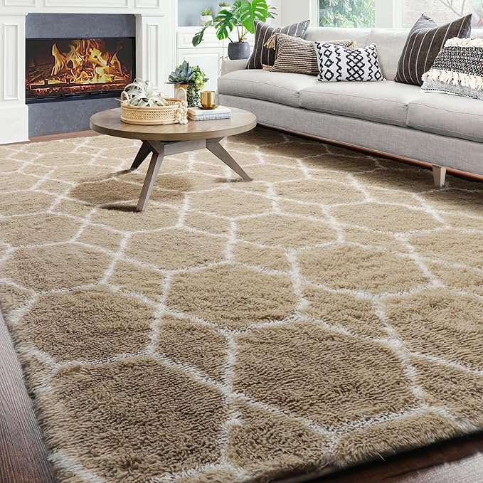 ONASAR 8x10 Area Rugs for Living Room, Fluffy Beige and White Bedroom Rug, Geometric Boho Large Soft Plush Shaggy Fuzzy Floor Carpet for Nursery Kids Classroom Playroom Dorm Home Decor