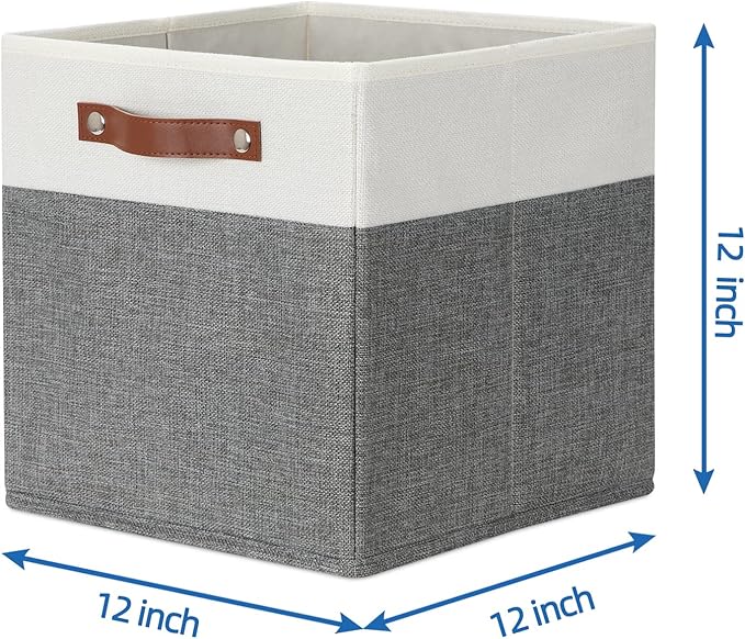 Temary Storage Cubes 12x12 Fabric Cube Storage Bins Foldable Storage Baskets with Handles, Decorative Storage Boxes for Organizing, Home, Office, Nursery, Shelf, Closet (White & Grey, 12 x 12 x 12)