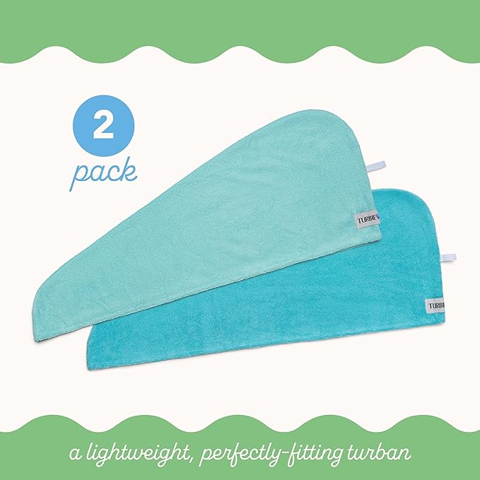 Turbie Twist 2-Pack Microfiber Hair Towel for Beauty, Travel, Gifting - Hair Wrap Turban for Straight, Wavy & Curly Hair - Premium Personal Care - Dark Aqua & Light Aqua