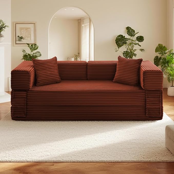 Sectional Boneless Couch Convertible Sofa Bed, 78'' Modular Sectional Sleeper Sofa with Removable Armrests & 3 Pillows, Small Floor Couch No Assembly Needed for Living Room, Office, Bedroom, Orange