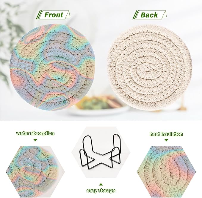 Holographic Blue Drink Coasters, Handmade Cotton Absorbent Coaster Set of 6, Minimalist Home Decor for Coffee Table, Kitchen, Housewarming and Wedding Registry Ideas