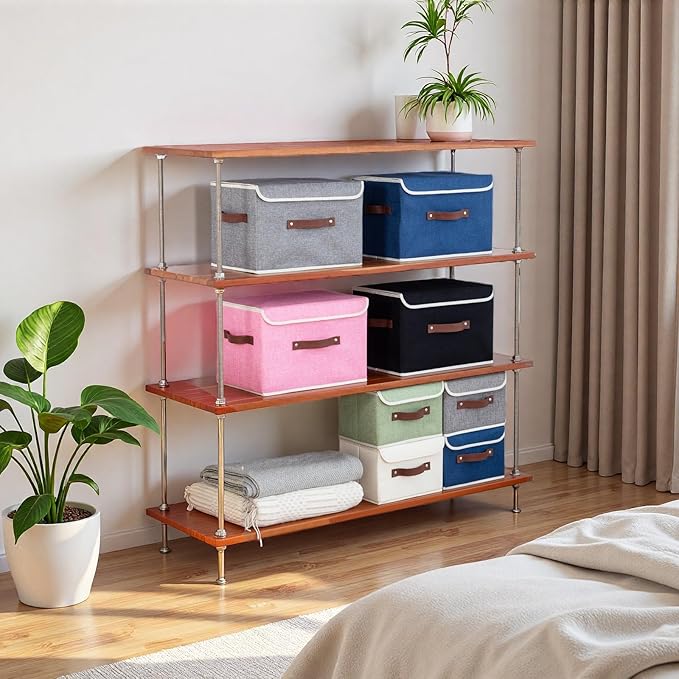 2PCS Collapsible Storage Boxes Baskets with Lid Cotton Linen Fabric Storage Bins with Faux Leather Handles Washable Cube Organizer Container for Home Closet Bedroom (Pink, Small Size)