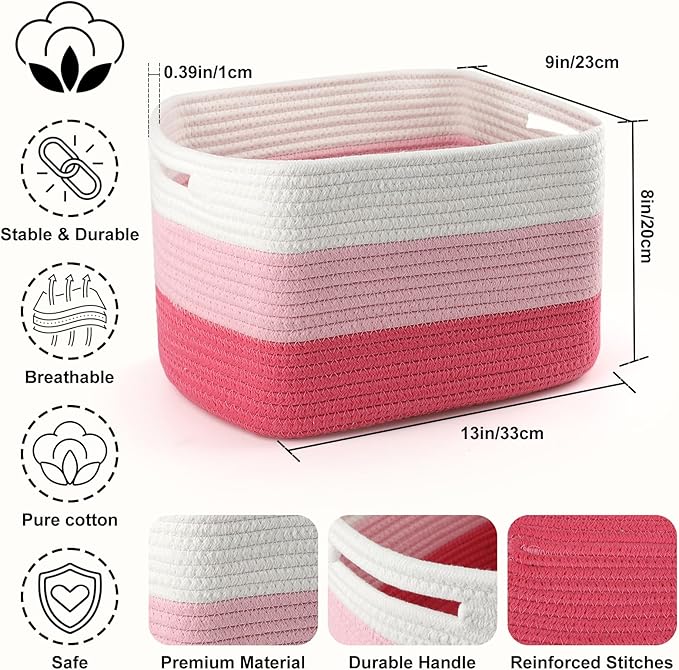4 Pack Storage Baskets for Organizing, 12''Lx10''Wx8''H Woven Baskets for Storage Toys, Towels, Books, and Clothes, Cotton Rope Basket for Shelves with Handle (White & Pink)