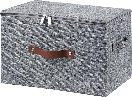 Storage Bins with Zipper Lid Cotton Linen Fabric Lidded Storage Baskets Boxes Foldable Washable Closet Shelf Clothes Organizer Container with PU Leather Handles (Gray, Large Size)