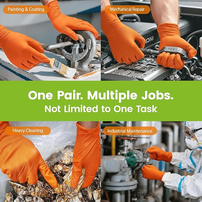 TREEGO Heavy Duty Orange Nitrile Gloves 10 Mil Disposable Rubber Work Gloves - Double Diamond Grip, Mechanic Rubber Gloves for Automotive & Industrial Use, Latex Free, 100 Count Medium