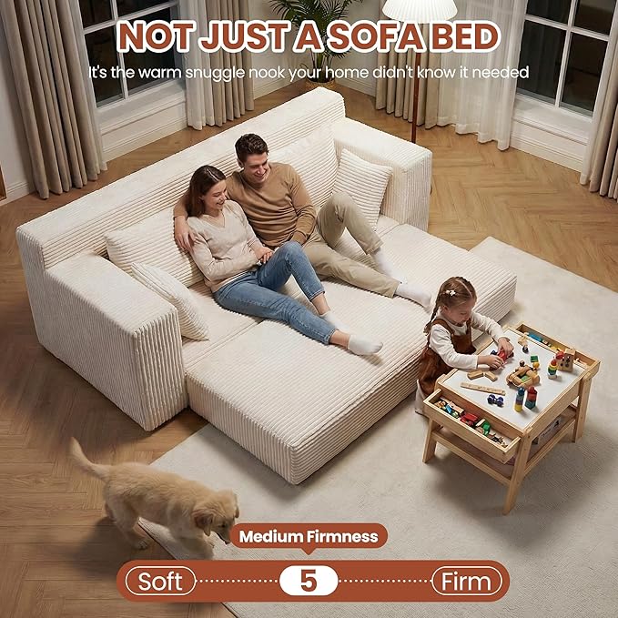 Convertible Sofa Bed, 5 in 1 Small Boneless Couch Pull Out Loveseat Sleeper Sofa,Corduroy Futon Couch Folding Mattress with 4 Pillows for Living Room Bedroom Lounge (No Assembly)