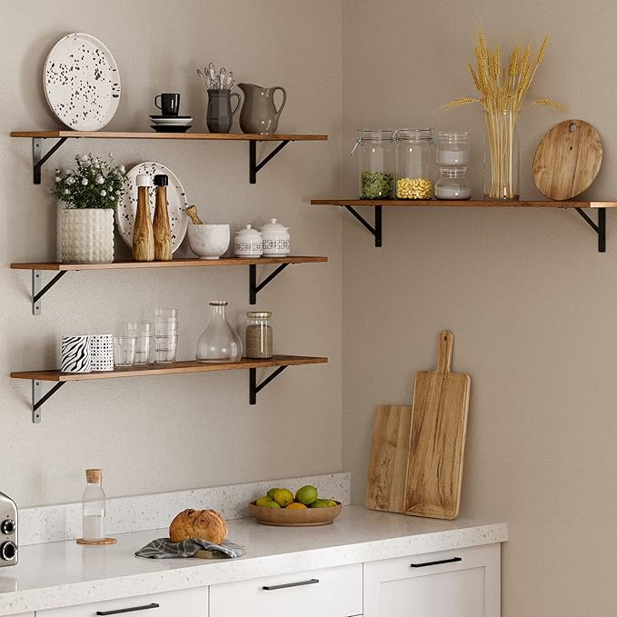 DINZI LVJ Long Wall Shelves, 39.4Inch Wall Mounted Shelves Set of 2, Easy-to-Install, Wall Storage Ledges with Sturdy Metal Brackets for Living Room, Bathroom, Bedroom, Kitchen, Rustic Brown
