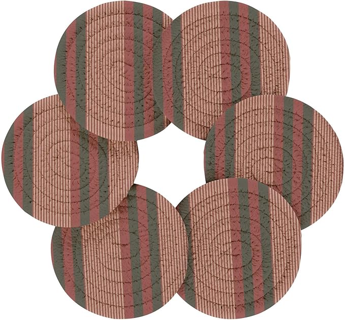 Minimalist Home Decor for Coffee Table, Kitchen, Drink Coasters, Christmas Striped Handmade Cotton Absorbent Coaster Set of 6, Housewarming and Wedding Registry Ideas