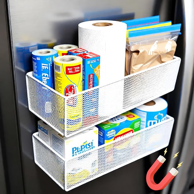 Magnetic Basket Organizer Holder for Fridge，Magnetic Shelf for Washing Machine， Magnetic Mesh Basket, Black Rectangular Steel Shelf Organizer, 10.43 x 4.92 x 3.15 Inches (Black , 2pack)