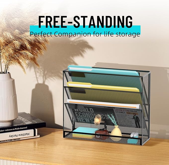 SUPEASY 4-Tier Wall File Organizer Mesh Office Mail Holder, Hanging Wall Organizer Magazine Rack for Office Black