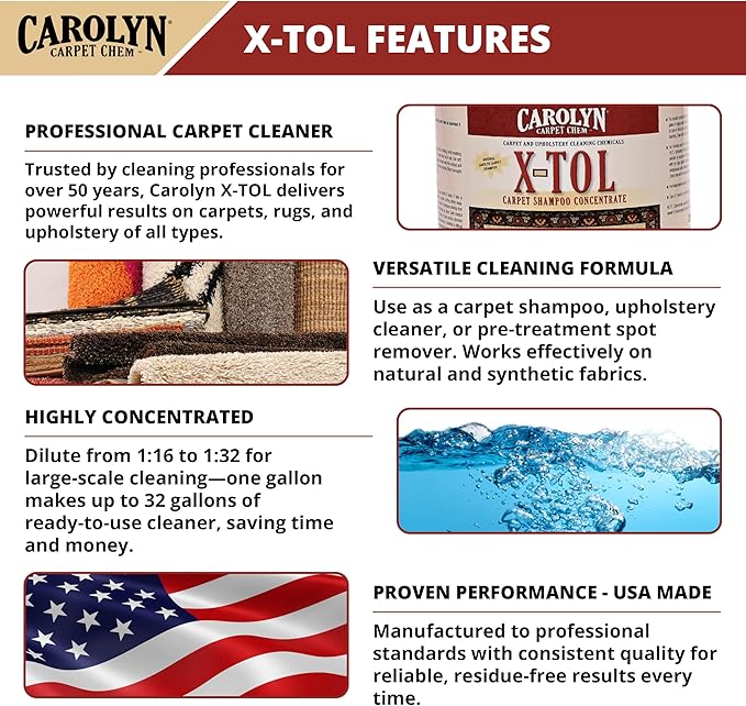 Carolyn X-TOL Carpet Shampoo Concentrate – 1 Gallon | Professional Carpet, Rug & Upholstery Cleaner | Deep Cleaning Formula for Wool, Oriental Rugs & Fabric Furniture | Made in USA
