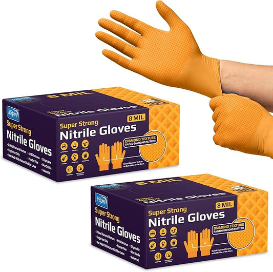 Inspire Heavy Duty Orange Nitrile Gloves | ULTRA 8 Mil Diamond Textured Grip | Industrial Mechanic Disposable Cleaning Gloves