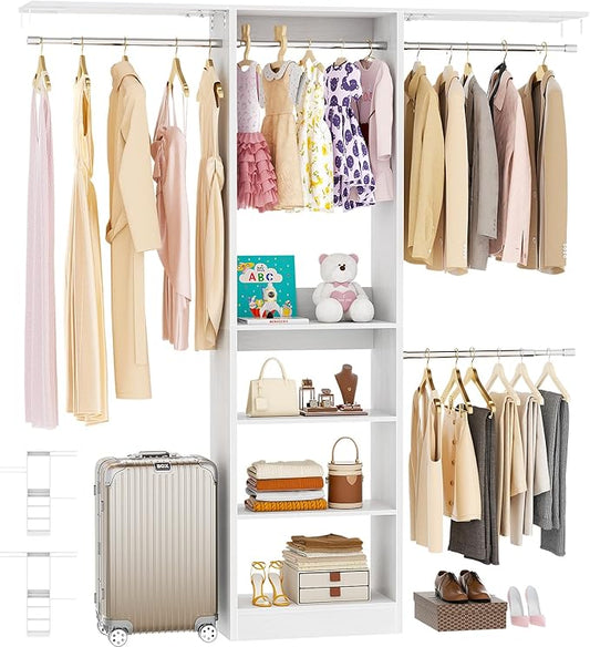 48" Closet Organizer System, 4FT Closet System for Small Closets with 4 Hanging Rods & 3 Shelves, 80"H Small Closet Organizers and Storage for Bedrooms, Cloakrooms, White