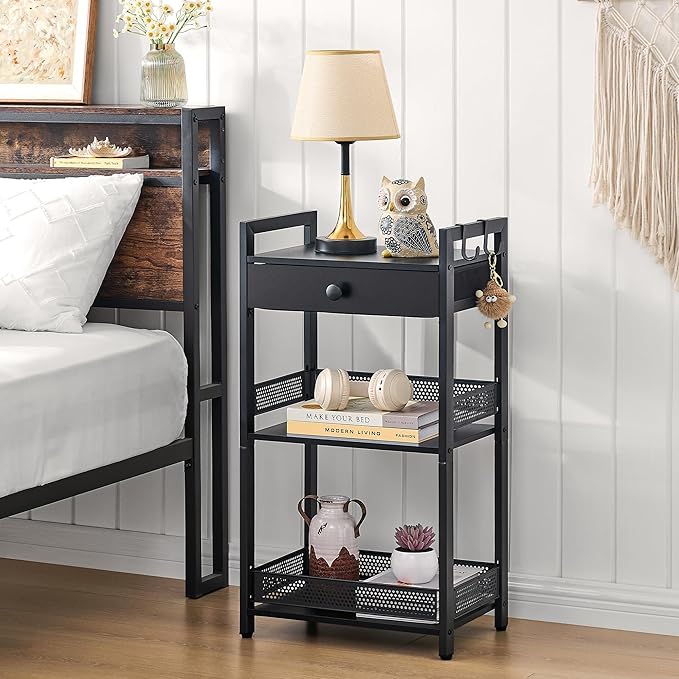FAVOOSTY Bathroom Ladder Shelf, 3-Tier Bathroom Floor Storage Shelf with Drawer, Freestanding Towel Shelf, Bookcase End Table Open Shelving Unit for Living Room,Balcony, Black