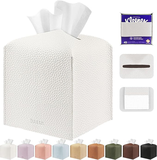 Tissue Box Cover Holder Square Tissue Cube Cover PU Leather Tissue Organizer with Bottom Belt for Bathroom, Tabletop, Car, Night Stands, Office, Home, Kitchen (1, White)