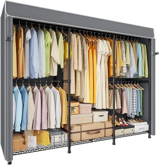 E14C Pro Heavy Duty Closet Organizer System，Freestanding Clothing Racks for Hanging Clothes，Adjustable Garment Rack 70.1"W × 16.6"D × 76.4"H Hold 960 lbs，Black Rack with Grey Dustproof Cover