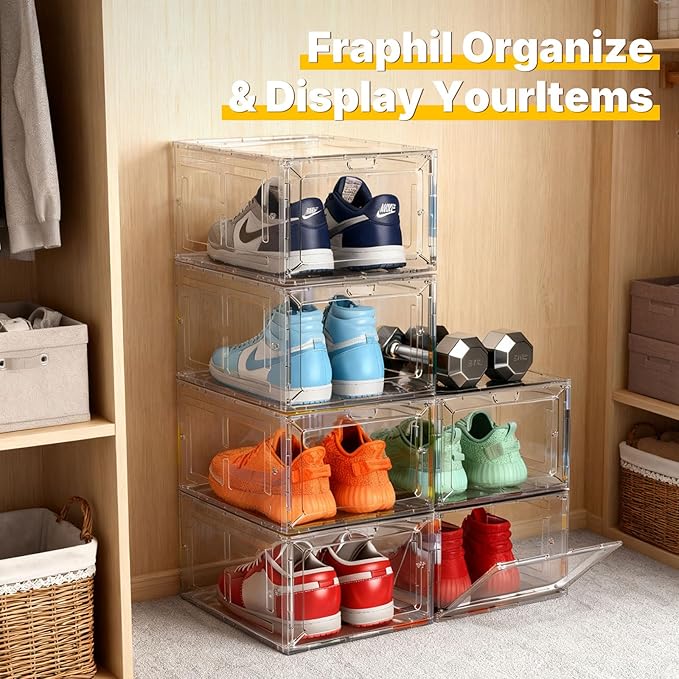6 Pack Stackable Clear Shoe Boxes with Black Frame, Large Plastic Shoe Organizer Storage Bins for Sneakers & Boots, Magnetic Front Door, Space Saving Closet Shoe Case
