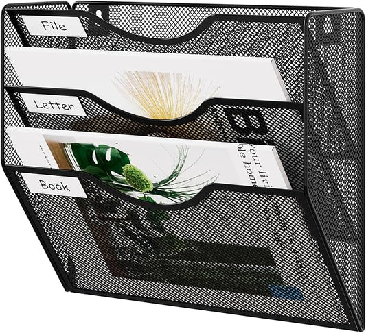 EasyPAG 3 Pocket Mesh Wall File Organizer, Hanging Paper Folder Holder with Classify Label, Vertical Wall Mount Mail Organizer for Office Home Classroom, Black