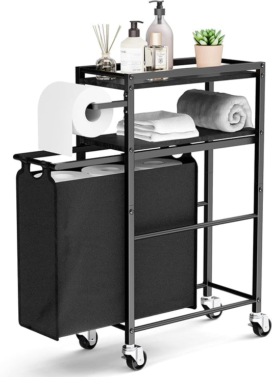 Toilet Paper Holder with Storage Bag & Wheels - Freestanding Bathroom Organizer Holds 9 Rolls for Small Spaces, Essentials Storage Beside Toilet-Black