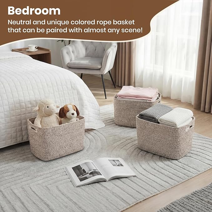 Storage Baskets for Organizing, 14 x 10 x 9” Closet Shelf Woven Baskets, Square Bins with Handles, Cotton Rope Basket for Toys, Clothes, Office, Room, Brown 3 Pack