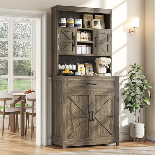 Semoic 69.3" Tall Kitchen Pantry Cabinet, Farmhouse Large Storage Cabinet with 2 Barn Doors, 1 Drawer and Storage Shelves, Buffet Cupboard Kitchen Hutch with Wide Countertop and Charge Holes, Brown
