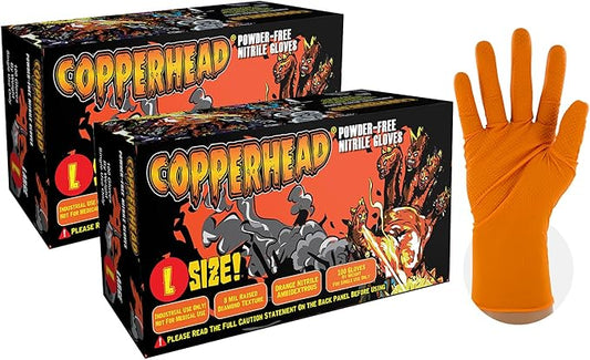 Copperhead HD Orange Nitrile Disposable Gloves, 8 Mil, Latex and Powder Free, Industrial, Food Safe, Raised Diamond Texture
