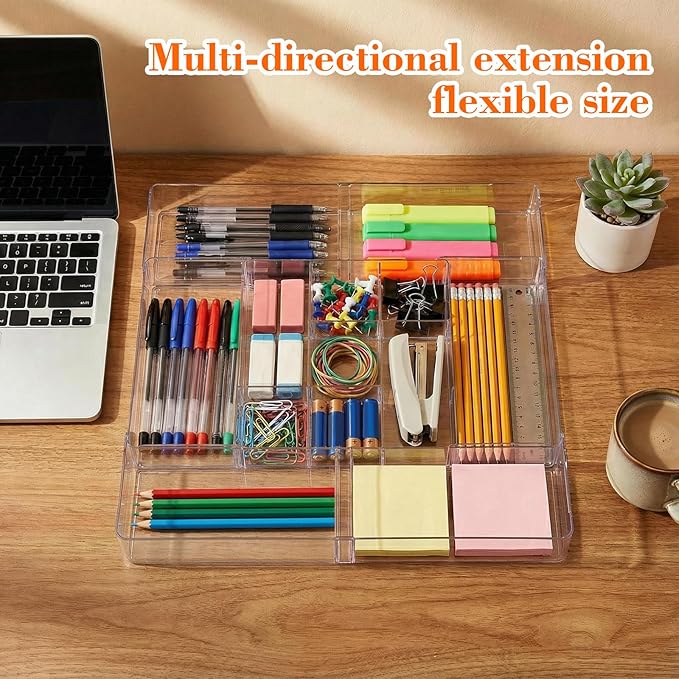 2 Pcs Large Expandable Acrylic Drawer Organizers, Grid Adjustable Drawer, Dividers Organizer for Desk, Makeup, Jewelry, Office, Kitchen Supplies (Clear,15 Compartments)