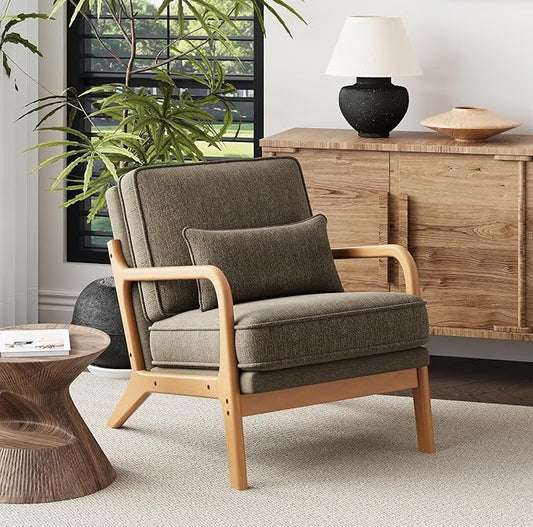 Accent Chair with Solid Wood Frame, Mid-Century Relaxing Armchair Lumbar Pillow& Soft Cushion, Reading Leisure Chair for Living Room, Bedroom, Waiting Room-Green