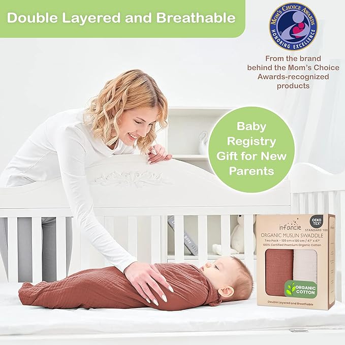 100% Organic Cotton Muslin Baby Blanket - 47 x 47 Inch Breathable Swaddle Blankets, Hypoallergenic Double-Layer, Soft and Cozy Newborn Baby Blanket for Sleeping and Everyday Use (Rust/Ivory)
