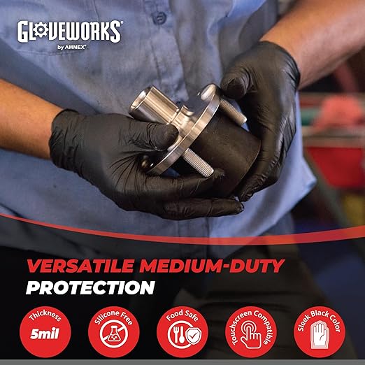 GLOVEWORKS Black Nitrile Gloves for Cooking, Food Prep, Disposable, 5 Mil, For Professional Cleaning, X-Small, Case of 1000