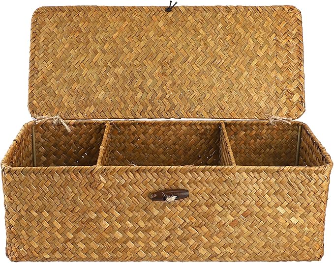 Hipiwe Seagrass Storage Basket Bin with Lid Rectangular Woven Shelf Baskets for Closets Bathroom Kitchen Shelf Organizing, Caramel, 14.2" x 6.3'' x 4.7''