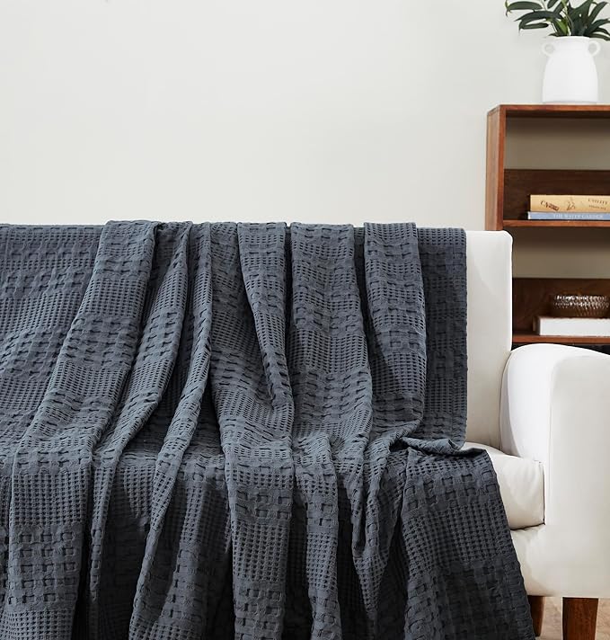 VHC Brands 100% Cotton Waffle Weave Twin Blanket 66"x90", Decorative Lightweight Spring and Summer Throw Blanket, Bedroom Decor for Bed, Couch, or Sofa, Dark Grey