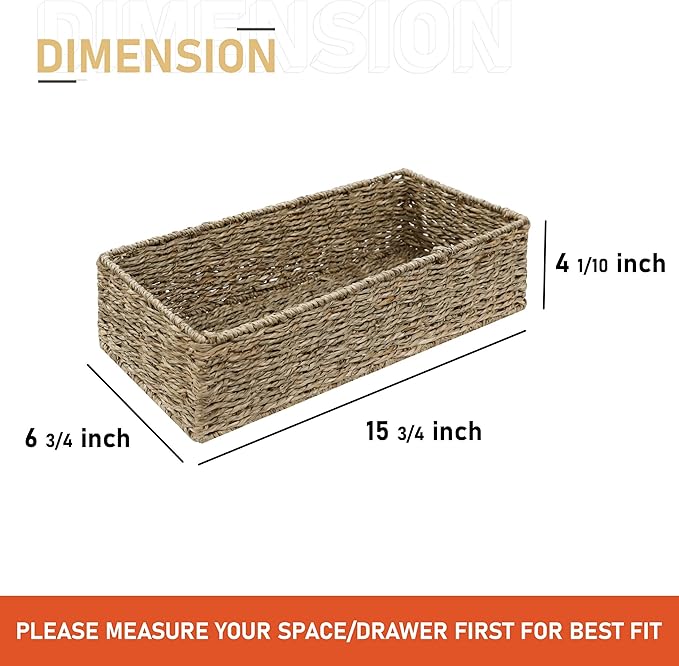 2-Pack Handwoven Seagrass Storage Baskets, Wicker Bins for Pantry Organization, Shelf or Closet Organizer, Decorative Boho Rectangular Basket 15.7" x 6.7"